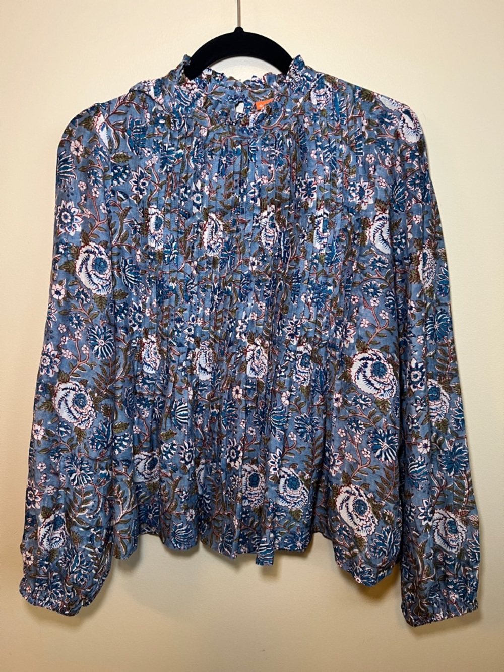 Oliphant Blue Floral Pintuck Mock Neck 100%Cotton Silk Blouse Women’s L India